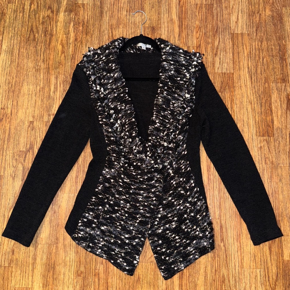 Vintage Alberto Makali Cardigan Sweater Textured Knit Black White Open Front Y2K